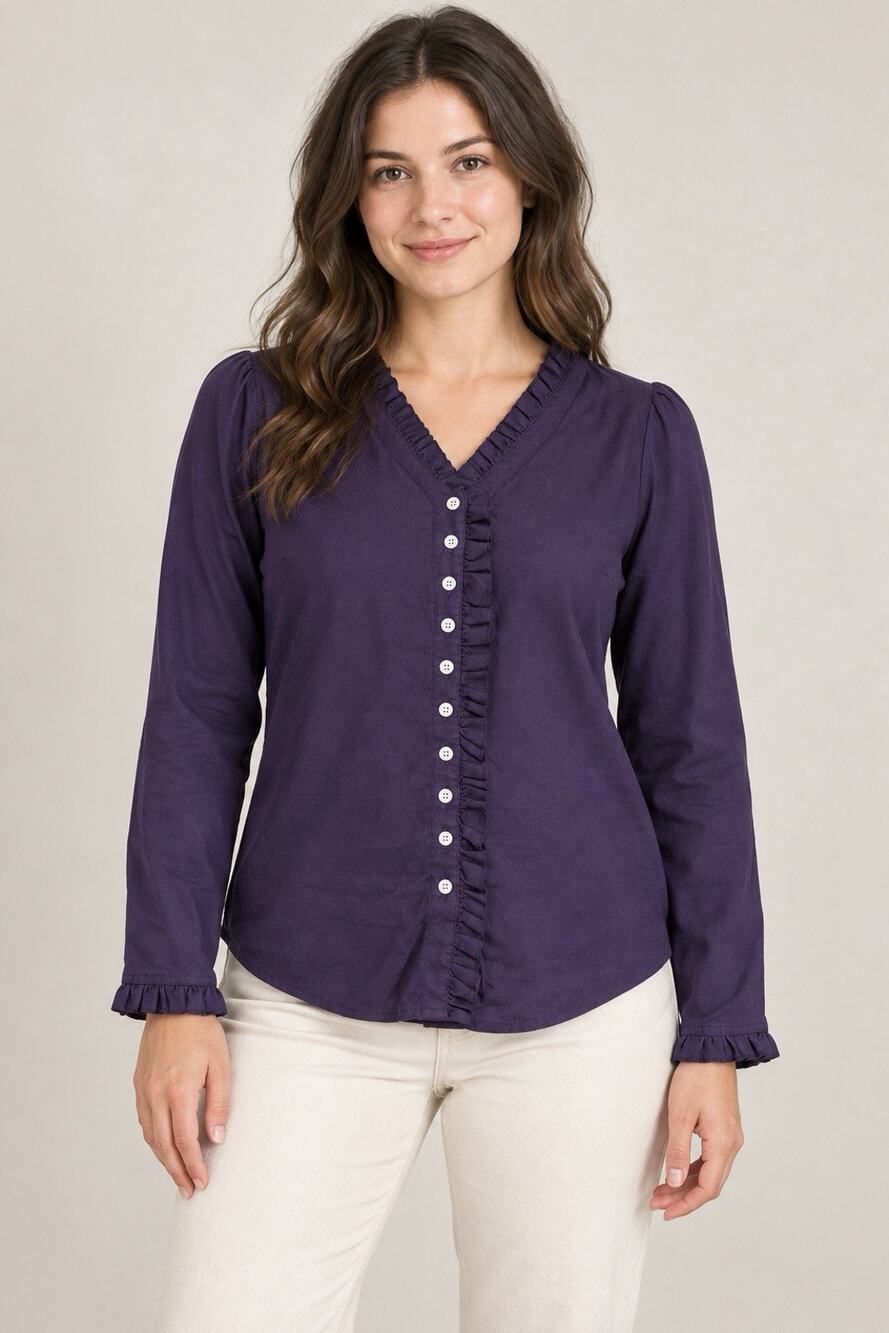 Purple Button Linen Blend Ruffle Front Button Front Blouse Size Small Lagenlook